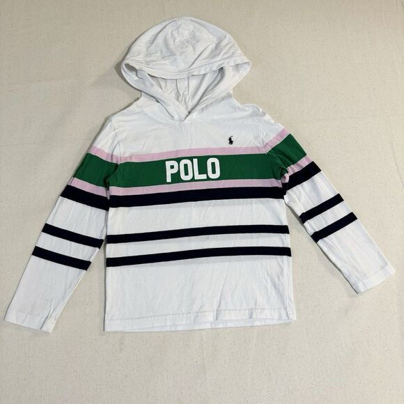 Polo Ralph Lauren Boys 7 White Stripe Panel Logo Print Pullover Hooded T Shirt - Picture 1 of 10